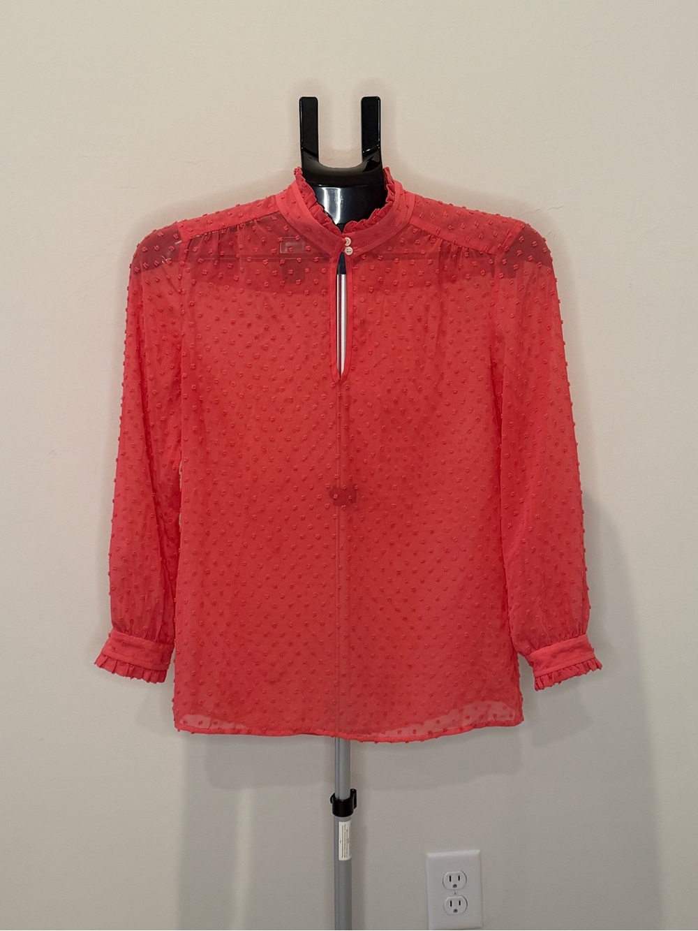 J.Crew Women’s Size 00 Coral Swiss Dot Ruffle High Neck Blouse - Picture 3 of 11